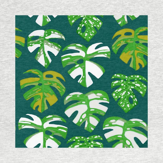 Variegated Monstera Pattern in Gouache-Teal by paintedpansy